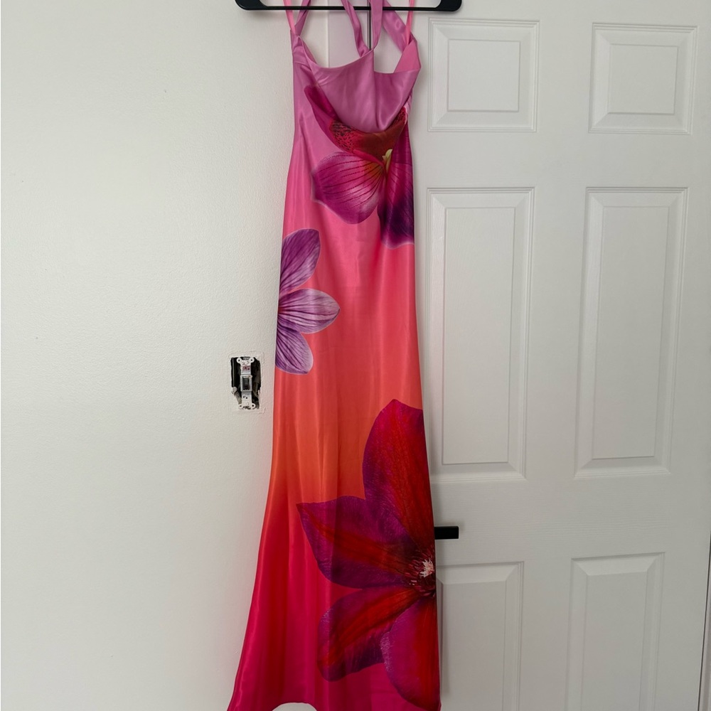 Pink Floral Ombre Low Back Maxi Dress with Strappy Neckline